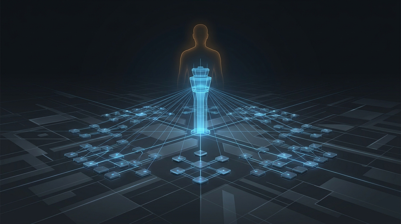 A lone autonomous command tower glowing with blue light oversees a vast dark grid of campaign nodes, symbolizing 24/7 AI-driven Google Ads management with human strategic oversight.