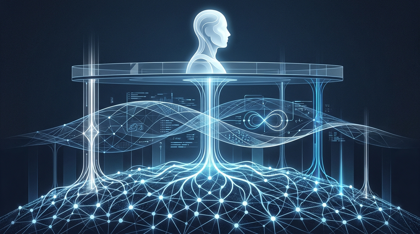 Abstract three-layer architecture visualization with AI neural network nodes, a human silhouette, and glowing optimization loops on a dark navy background