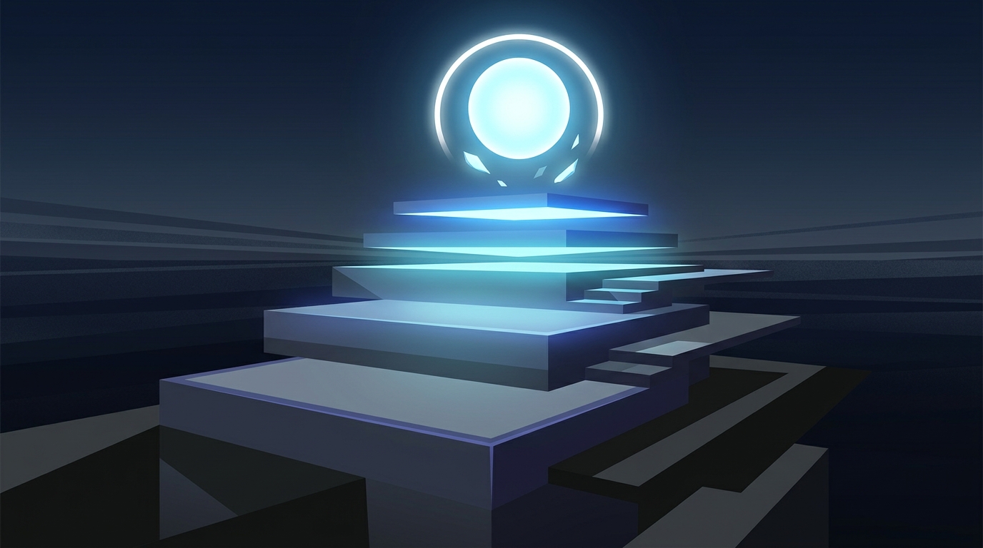 A tiered podium structure ascending through layers of abstract blue light, with a single illuminated apex representing Level 5 autonomy in Google Ads management.