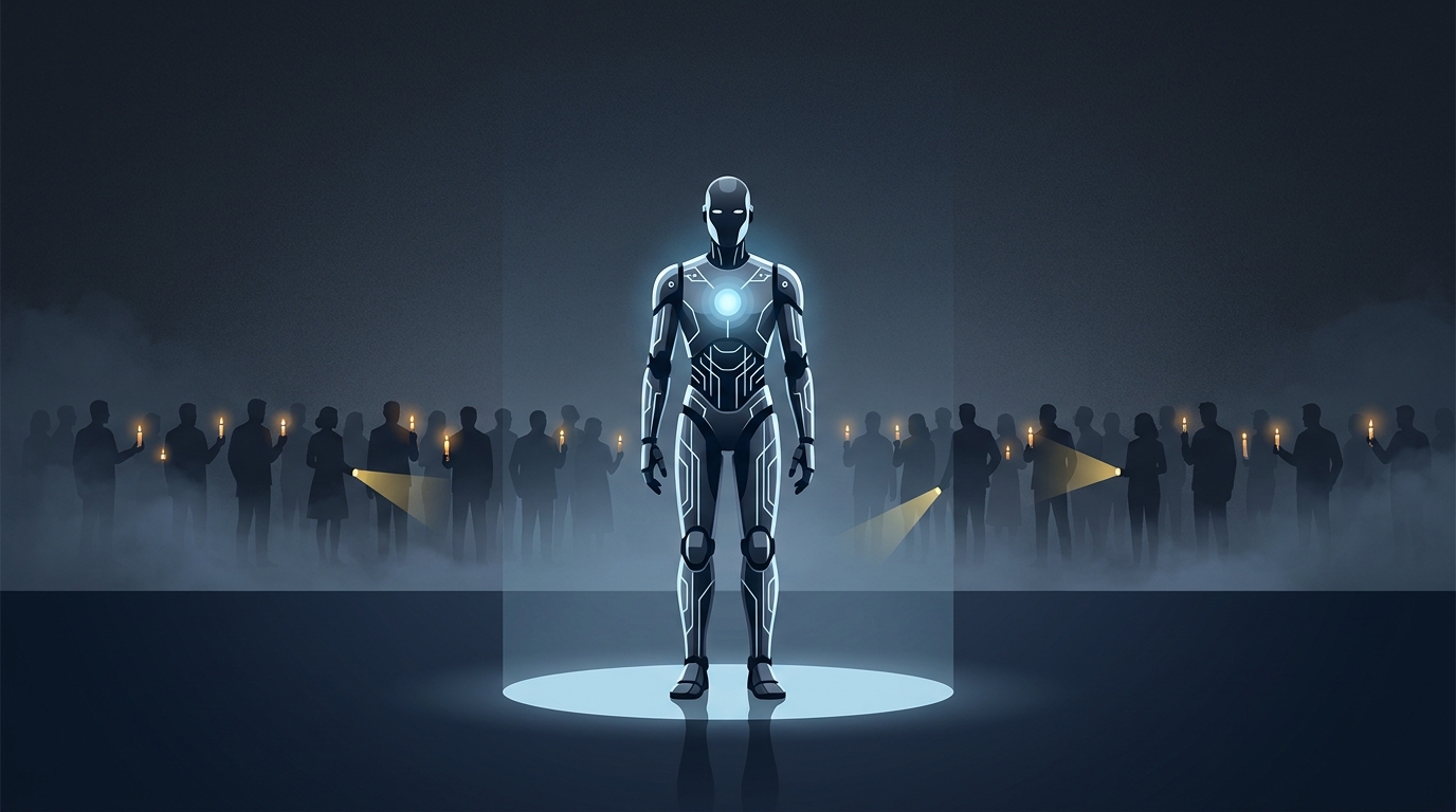 A solitary advanced autonomous robot sentinel stands vigilant in a vast dark control room while shadowy figures in the background hold simple flashlights, symbolizing real AI versus imitation