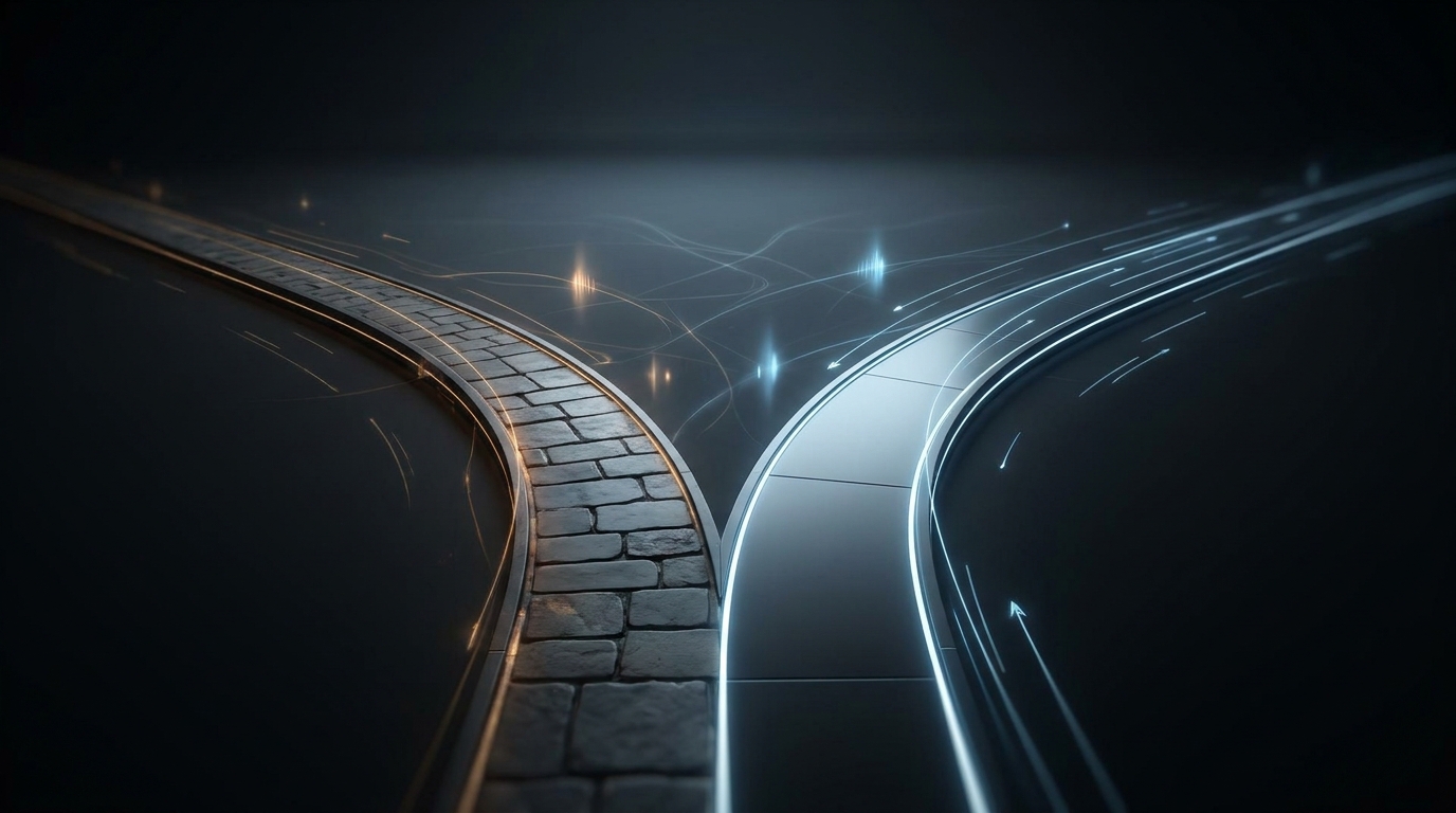 Two contrasting paths diverge on a clean modern surface, one dimly lit and uncertain, the other bright and optimized, symbolizing a choice between Google Ads services.