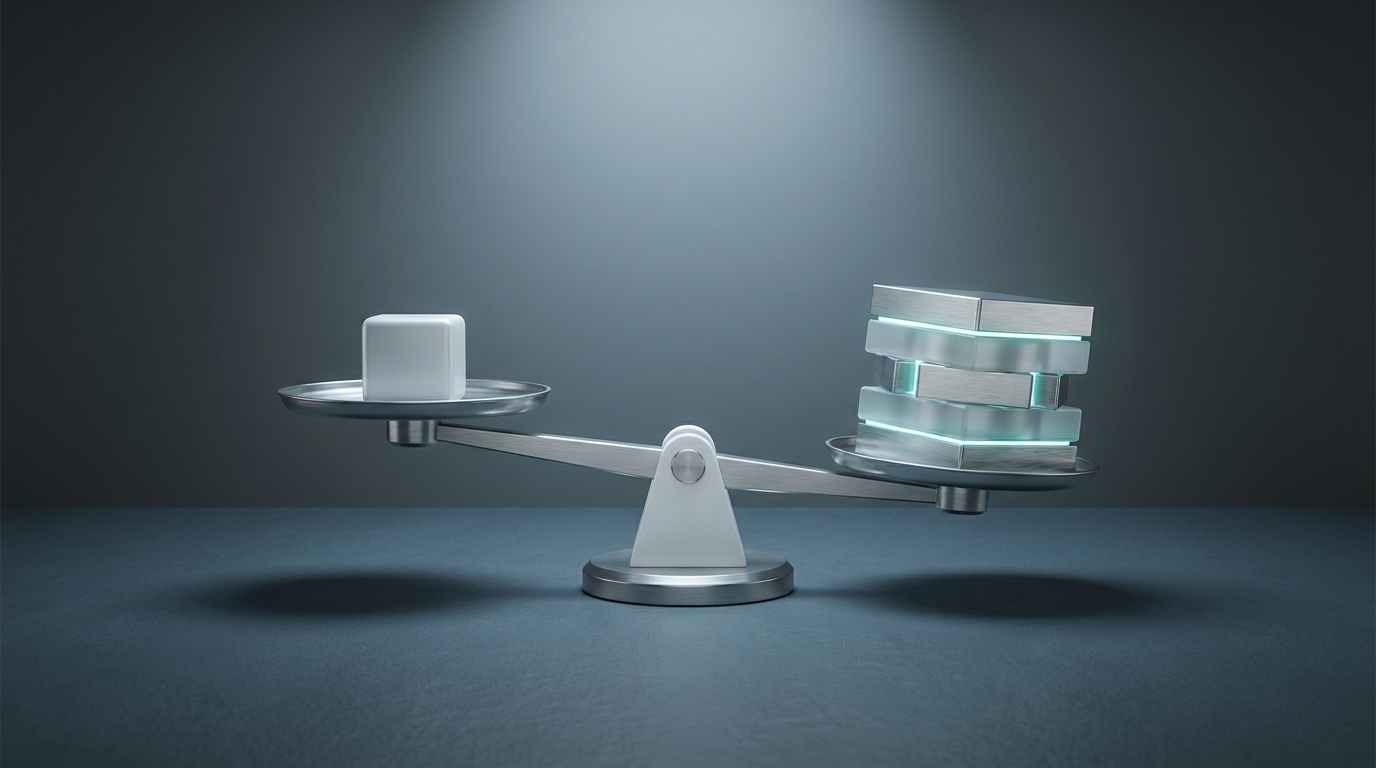 A split-scale balance weighing two abstract geometric forms under cool directional light, symbolizing a value comparison between competing Google Ads management services.