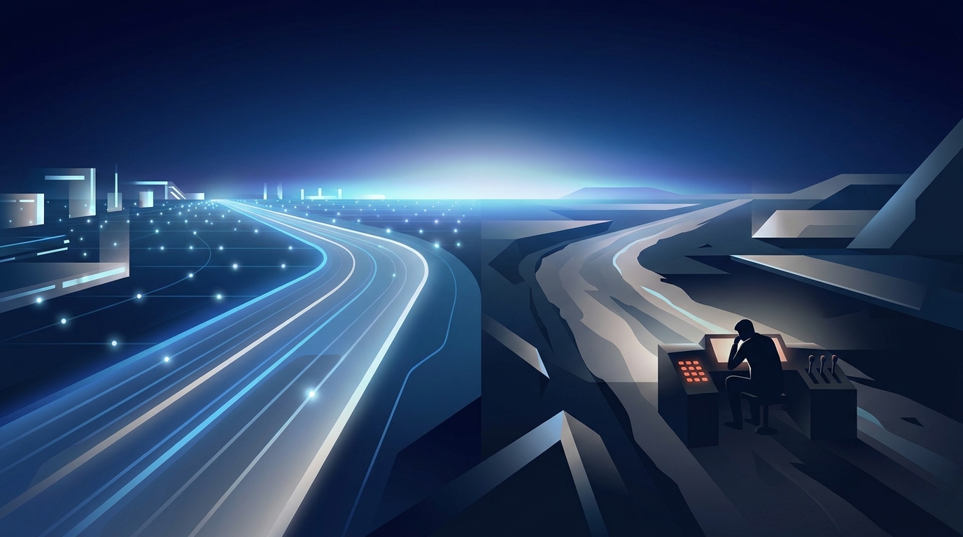 Two diverging paths in a sleek, modern landscape — one automated and expansive, one narrow and manual — symbolizing a choice between Google Ads management approaches.