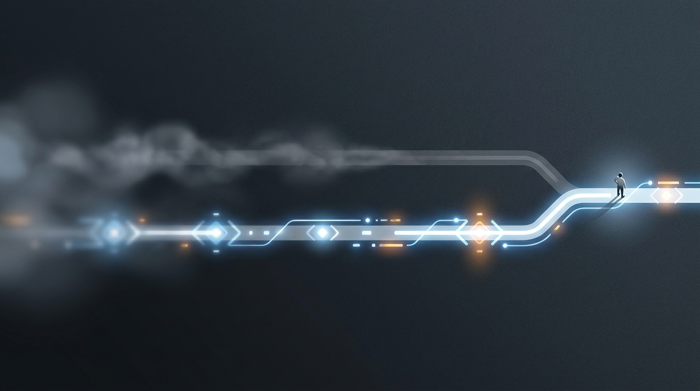 Two distinct paths diverge on a sleek dark surface, one fading into shadow, the other lit by a precise beam of light, symbolizing a clear competitive choice