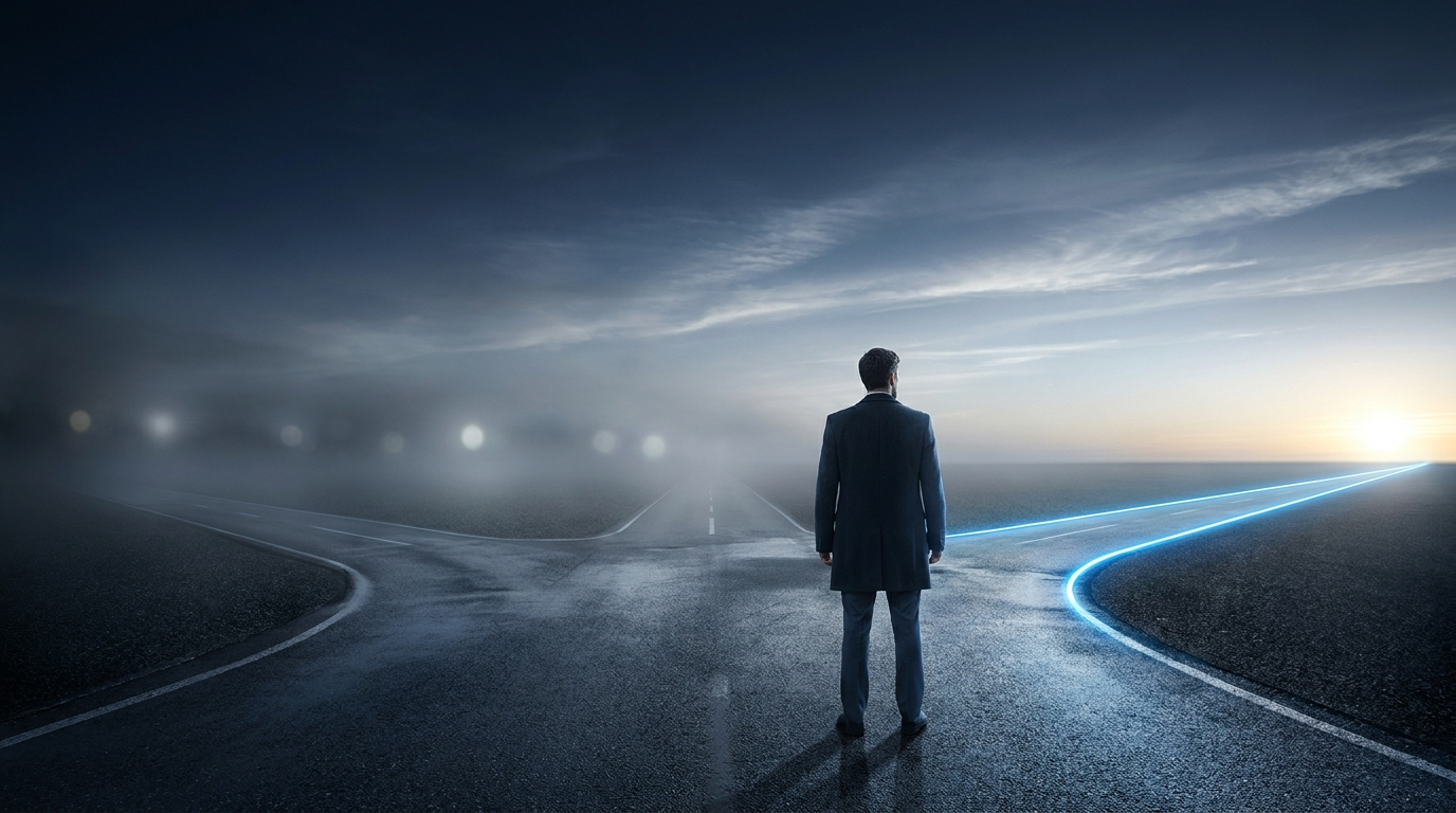 A lone figure stands at a fork in a wide, dramatic road under moody cinematic lighting, symbolizing the choice between Google Ads management alternatives.