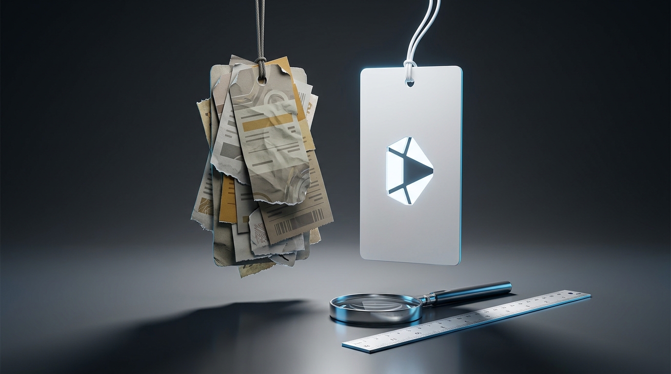 A sleek forensic cost analysis visual: two contrasting price tags suspended in cool studio light, one bloated and complex, one clean and minimal