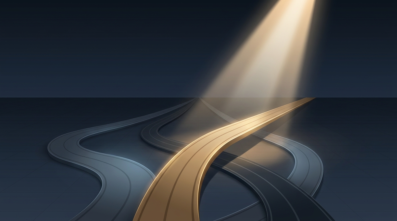 A bold editorial illustration of a single illuminated path rising above several dimmer converging roads, symbolizing one clear winner among competing alternatives.