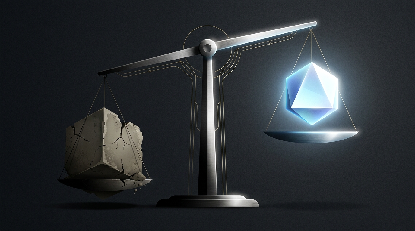 A cracked, fading scale tilted toward a sleek, glowing alternative, set against a dark high-contrast background evoking value comparison and switching