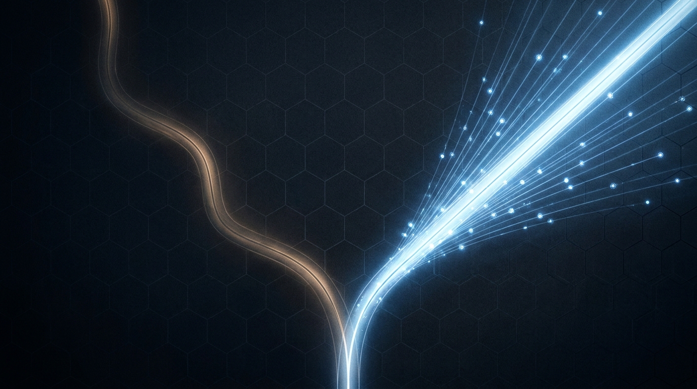 A visual metaphor for comparison and value judgment: two illuminated paths diverge under a cool blue overhead light, one narrower and one expansive, suggesting choice and alternatives.