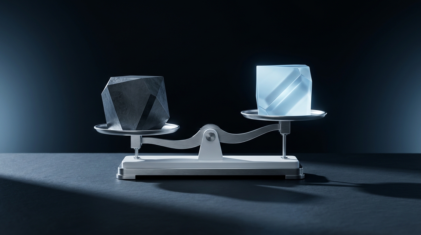 A sleek analytical scale balancing two abstract geometric blocks under cool directional light, symbolizing agency pricing comparison and value assessment.