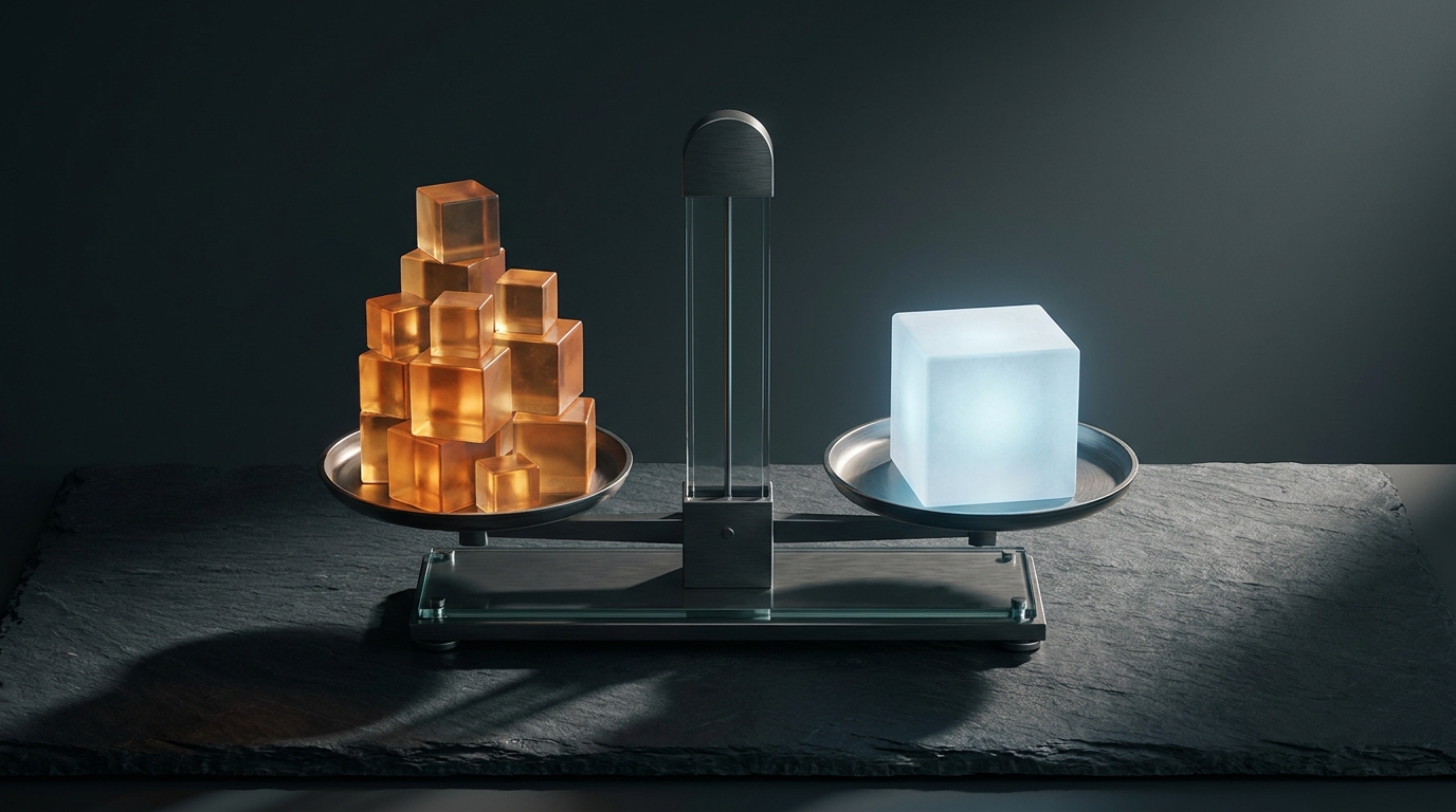 A sleek scale balancing geometric fee blocks against clean minimal shapes, symbolizing cost comparison and hidden pricing in Google Ads management
