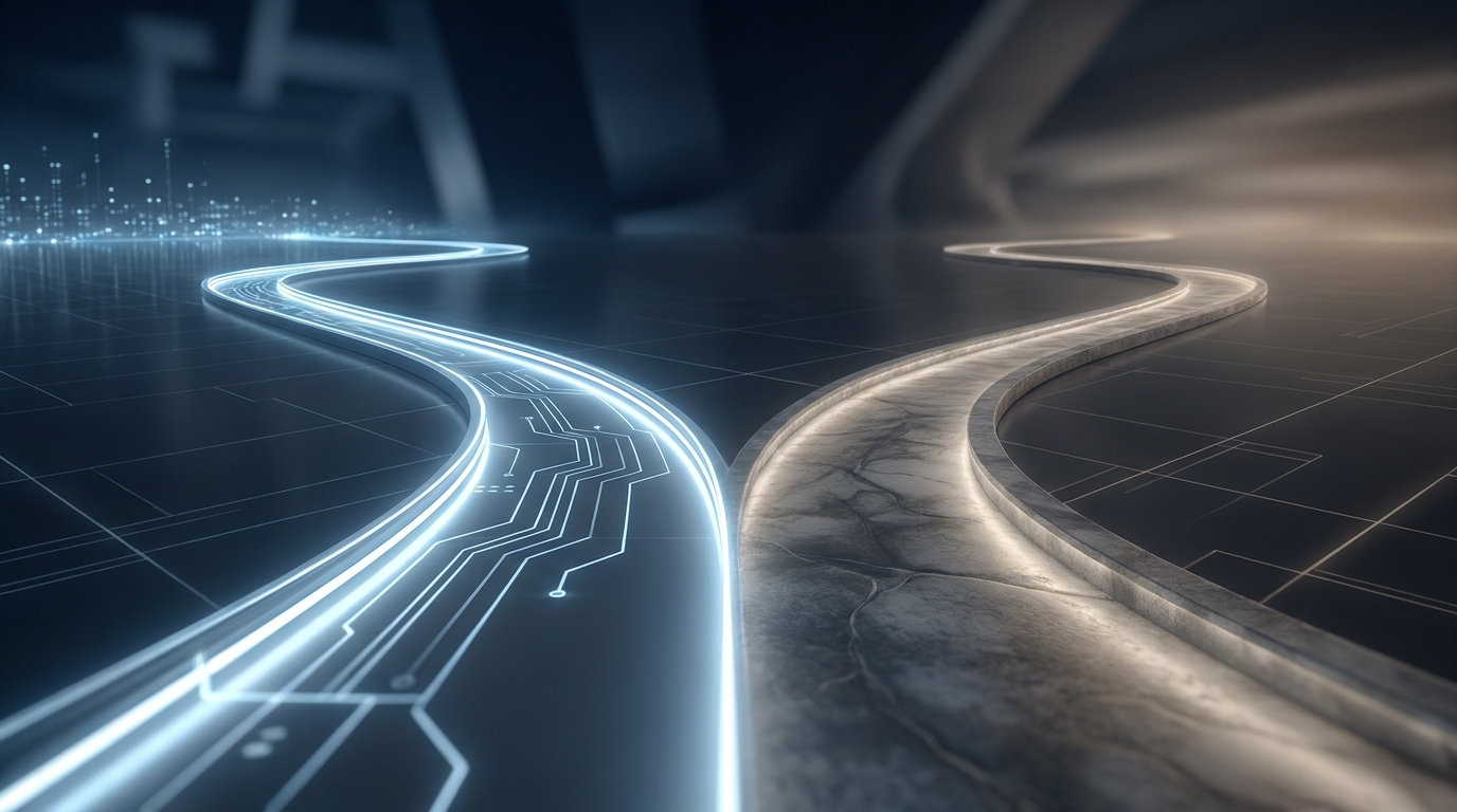 Two diverging paths on a sleek modern surface symbolizing a head-to-head comparison between two Google Ads management services in 2026