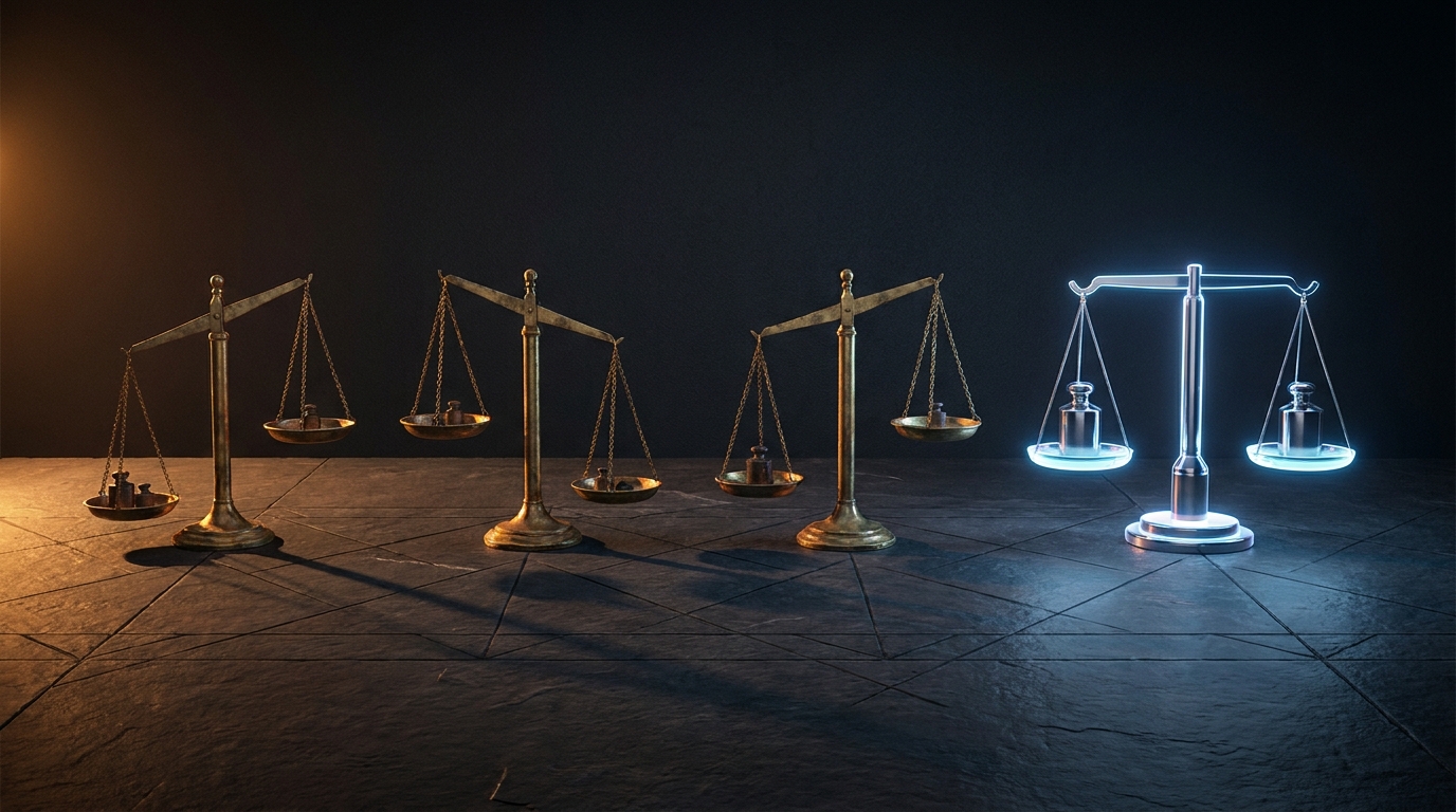 Three weathered balance scales side by side on a dark surface, dwarfed by a sleek luminous fourth scale radiating soft blue light, symbolizing superior value