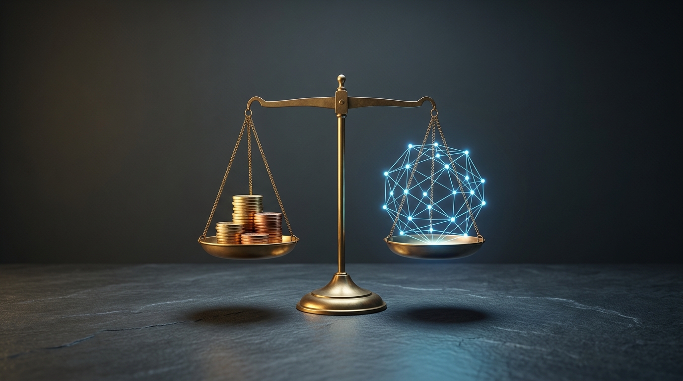 A scale balancing a modest coin stack against a sophisticated automated system, symbolizing value analysis of a Google Ads management tool in 2026
