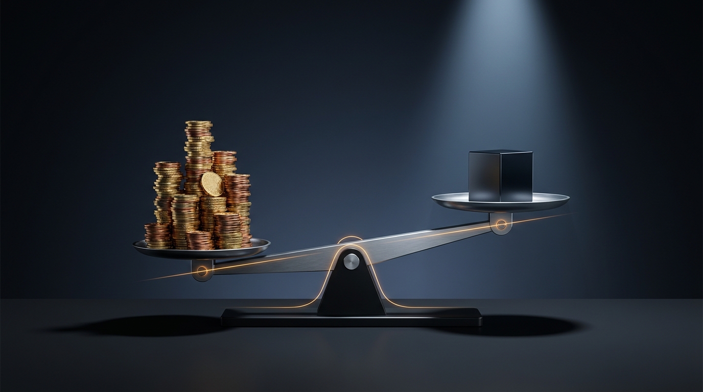 Editorial illustration comparing agency pricing structures: a scale balancing stacked gold coins against a sleek minimalist block, symbolizing cost vs value in Google Ads management
