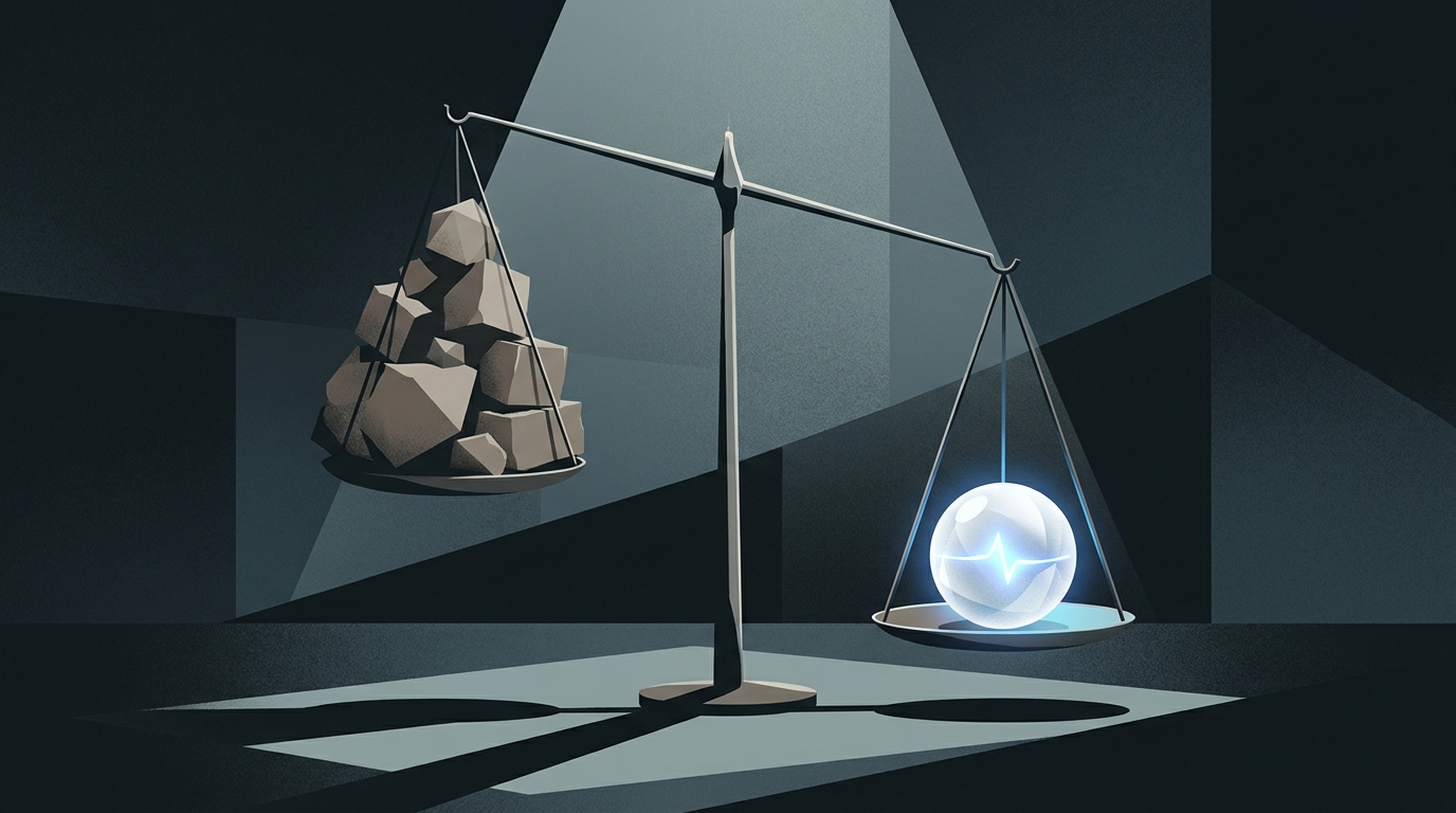 A sleek editorial illustration showing two contrasting scales in balance, one weighed down by heavy stacked blocks representing agency retainers, the other light and streamlined.
