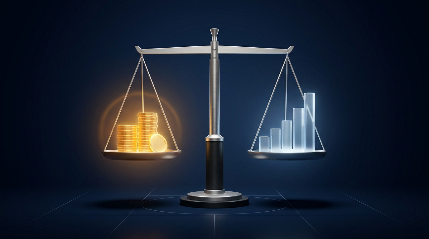 A precision balance scale with a glowing coin stack on one side and a miniature campaign graph on the other, set against a deep navy background