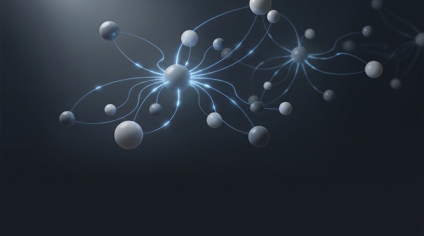Editorial illustration of glowing connected nodes with electric blue light pulses on a deep slate background, geometric network suspended centrally in soft atmospheric depth.