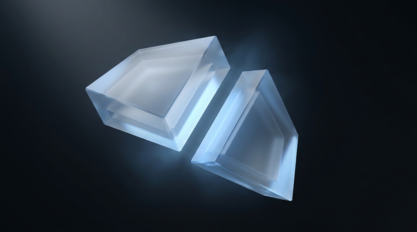 Two suspended geometric prisms facing each other, lit in electric blue, against a deep slate background with soft volumetric haze and clean negative space.