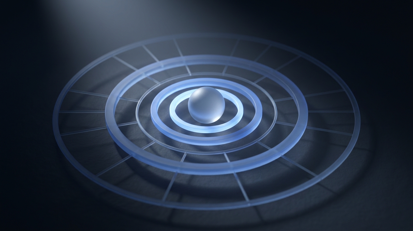 Abstract 3D illustration of concentric orbital rings in electric blue glowing outward from a central sphere against a deep slate background