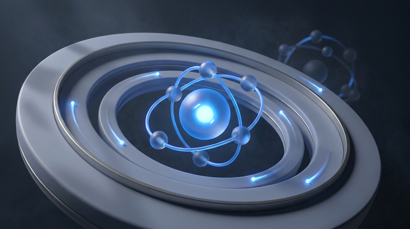 3D editorial illustration of connected node network with electric blue light pulses on deep slate background, centered radial composition with glowing orbital rings