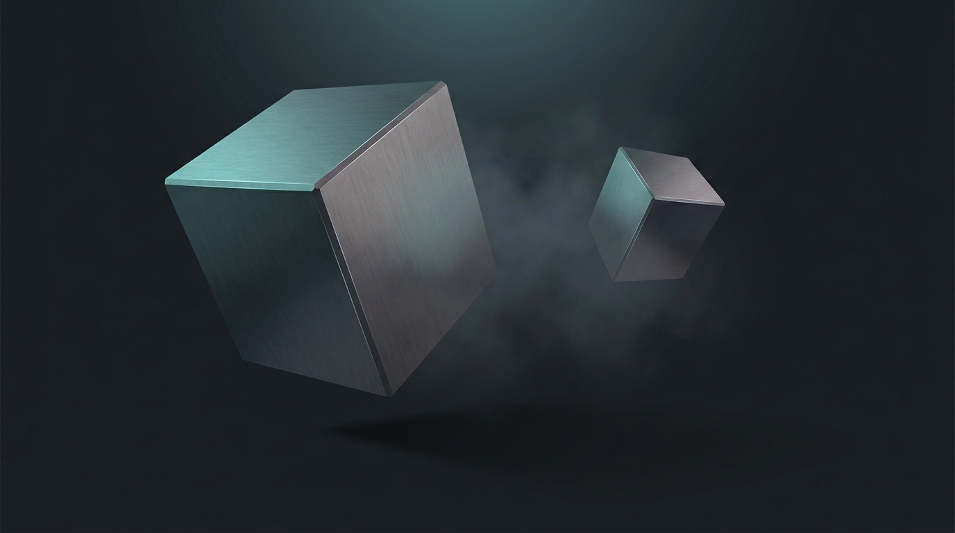 Two suspended geometric prisms side by side, one larger, one smaller, lit by cool teal light against a deep slate background, casting soft shadows on a smooth surface.