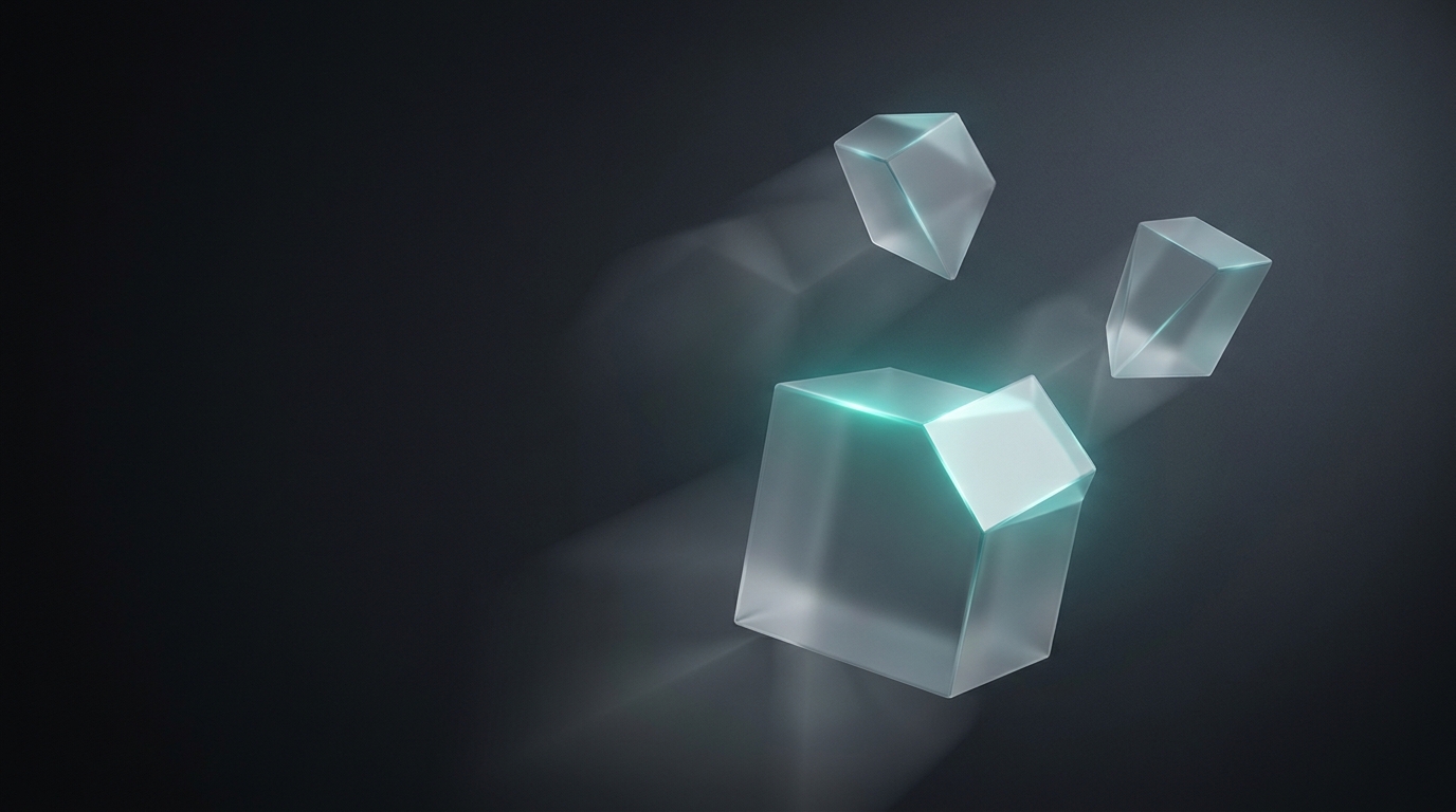 Suspended geometric prisms with cool teal accent light on deep slate background, stacked translucent planes casting soft shadows, single directional light source