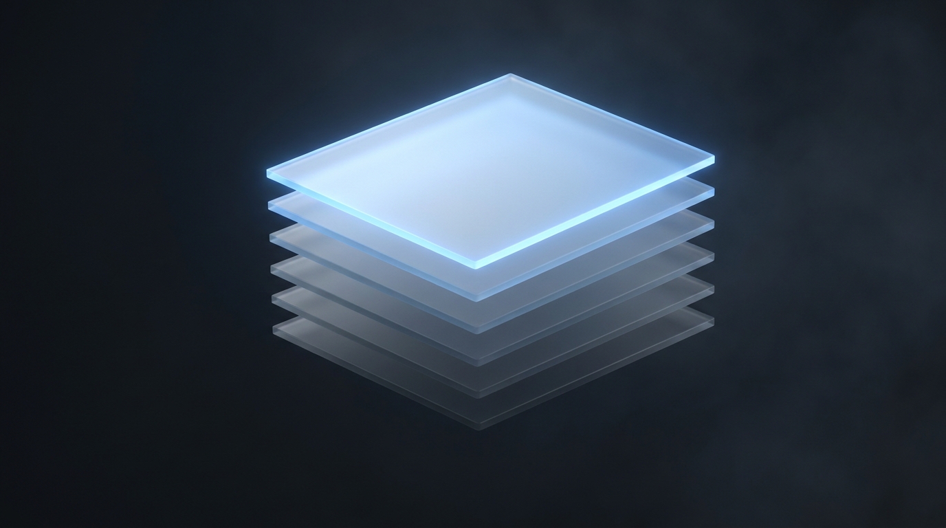 Layered translucent geometric planes suspended on a dark slate background, lit from a single cool blue light source, with stacked frosted glass surfaces receding into soft atmospheric depth.