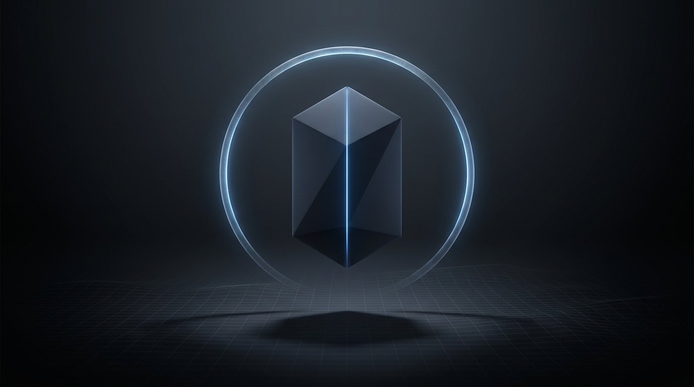 Abstract 3D illustration of a glowing electric-blue geometric prism suspended above a gridded surface on a deep slate background, lit from a single directional source.