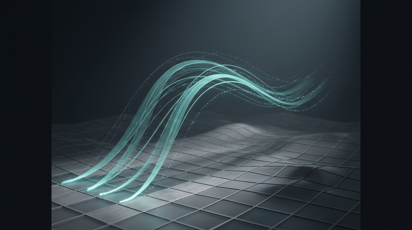3D editorial illustration of glowing teal data ribbons flowing through a layered grid landscape on a deep slate background, lit by a single cool directional light source.