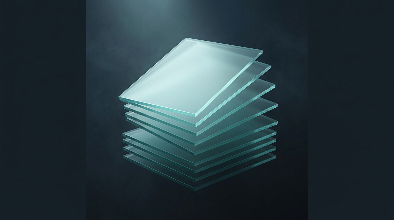 Abstract 3D illustration of stacked translucent planes tilting apart on a dark slate background, lit in cool teal from a single left-side light source