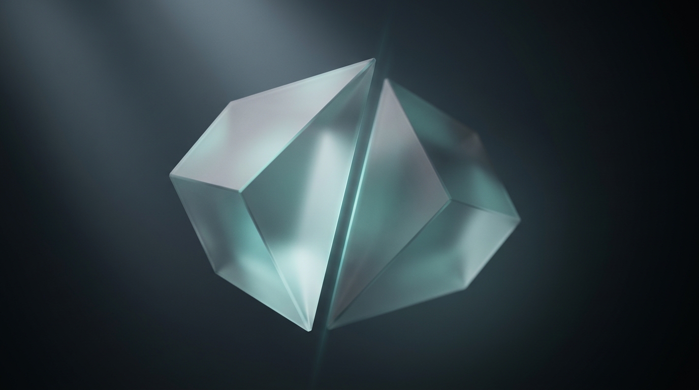 Two suspended translucent prisms facing each other on a deep slate background, lit from one side in cool teal, casting soft shadows with frosted glass surfaces.