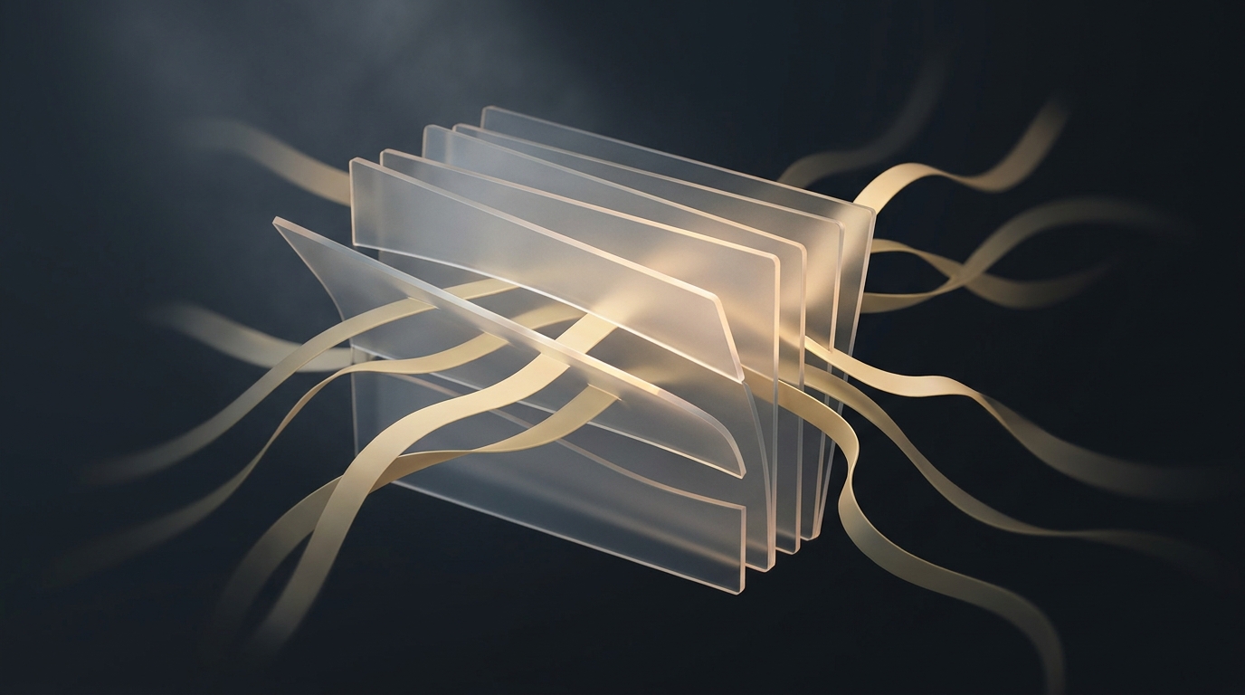 Abstract 3D illustration of glowing muted gold data ribbons filtering through layered translucent planes against a deep slate background
