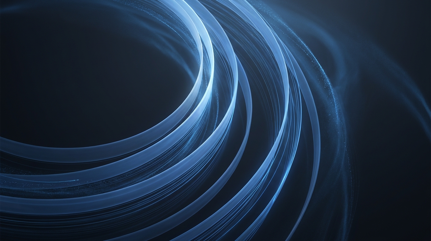 Abstract 3D illustration of flowing electric blue data ribbons and particle trails arranged in layered arcs on a deep slate background, lit from a single overhead source.
