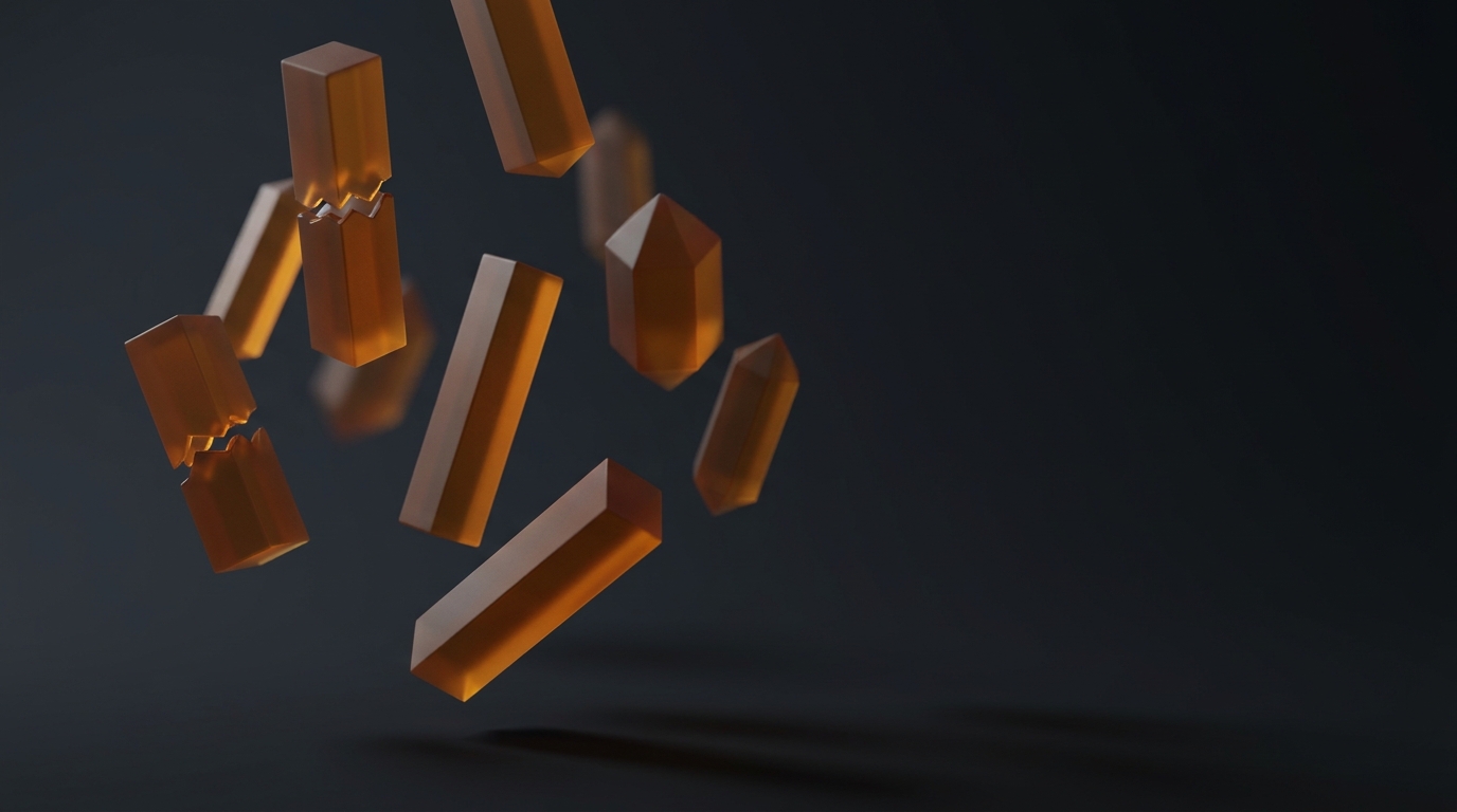 Abstract 3D editorial illustration of suspended geometric prisms with deep amber accent lighting against a near-black slate background, single directional light source