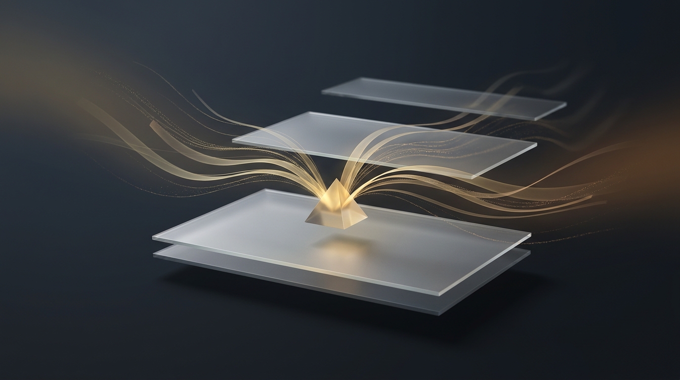 Editorial illustration of glowing muted gold data ribbons flowing through layered translucent planes against a deep slate background with soft directional lighting.
