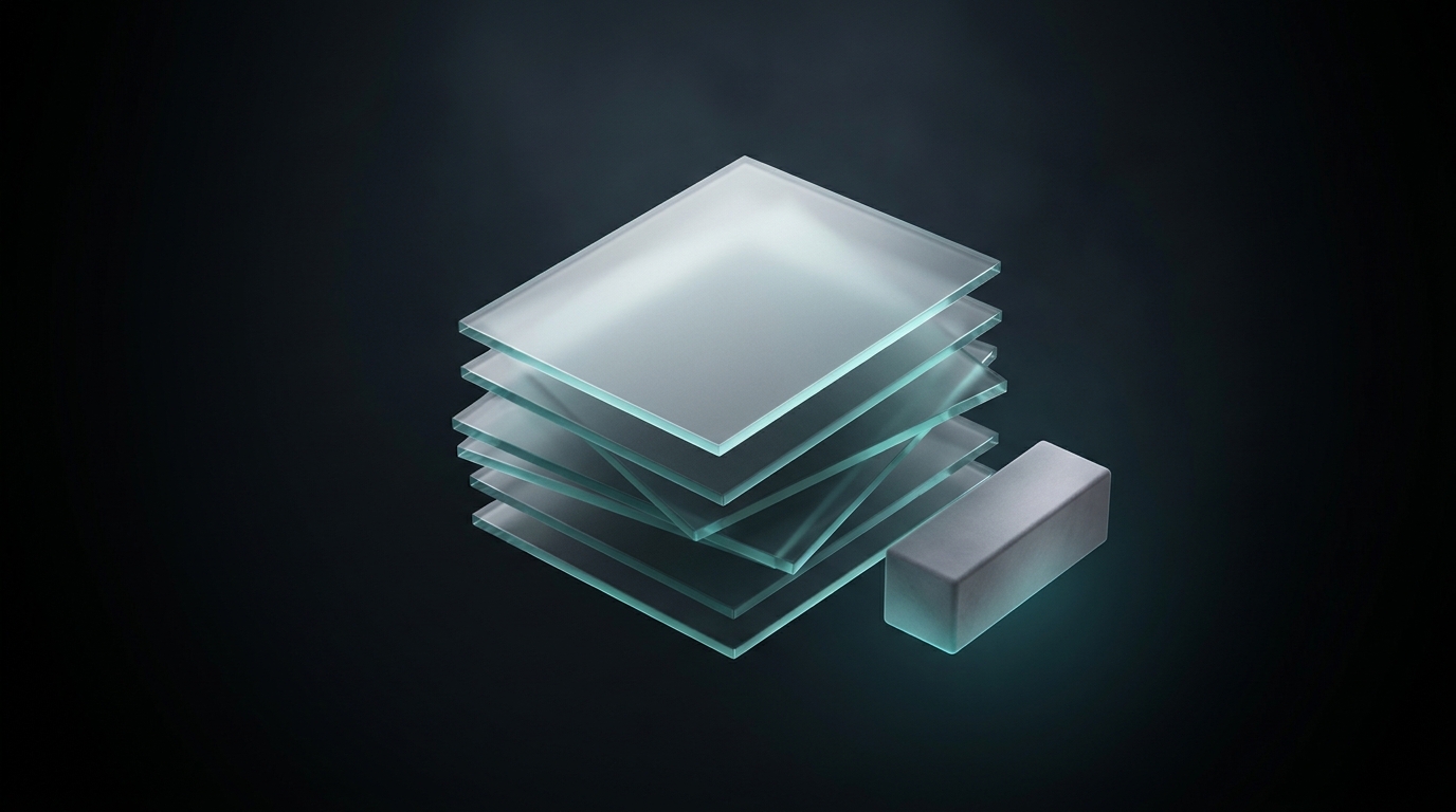Stacked translucent geometric planes in cool teal against a deep slate background, lit from a single overhead source, with suspended cubic forms casting soft shadows.