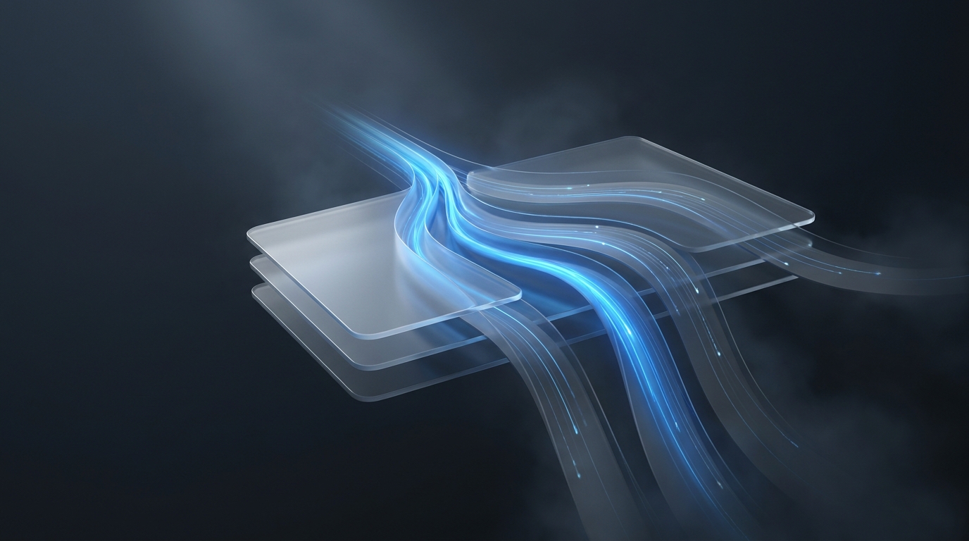Abstract 3D illustration of layered translucent planes and flowing data ribbons in electric blue against a deep slate background with soft directional lighting
