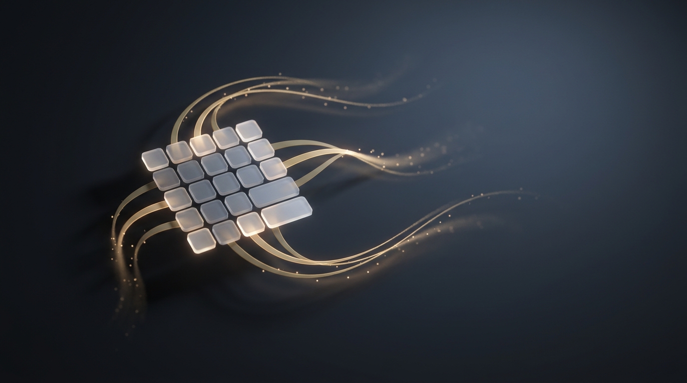 3D illustration of glowing muted gold data ribbons and particle trails flowing through a deep slate space, forming a layered ecommerce feed structure