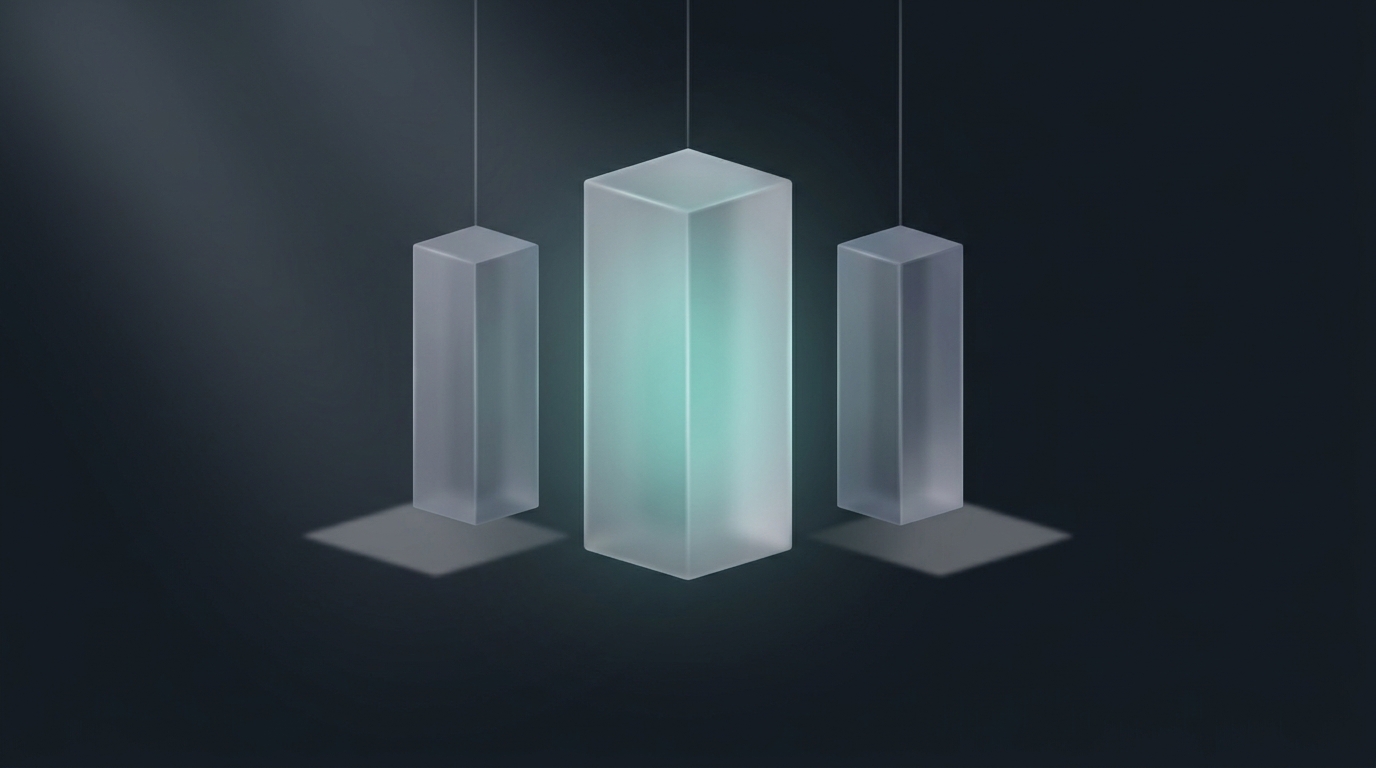 Three suspended geometric prisms of varying heights lit from the left in cool teal against a deep slate background, floating in soft atmospheric depth.