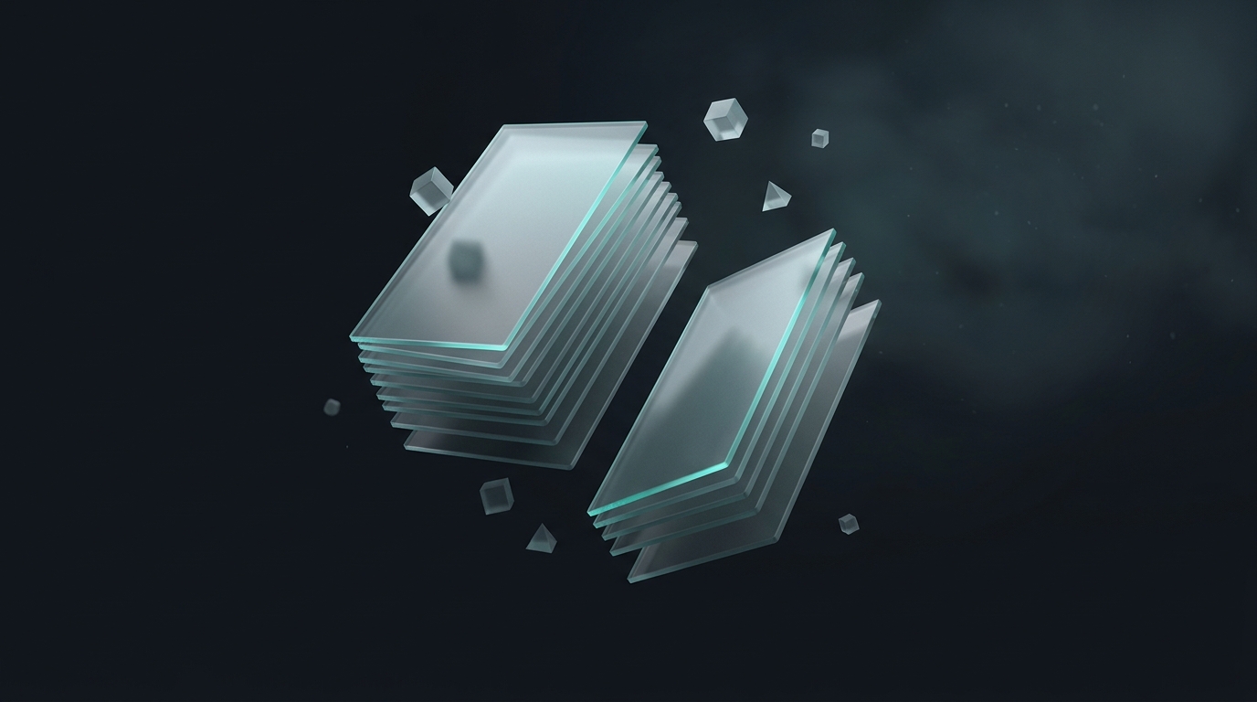 Layered translucent geometric planes suspended against a deep slate background, lit from one side in cool teal, suggesting structured comparison and value tradeoffs.