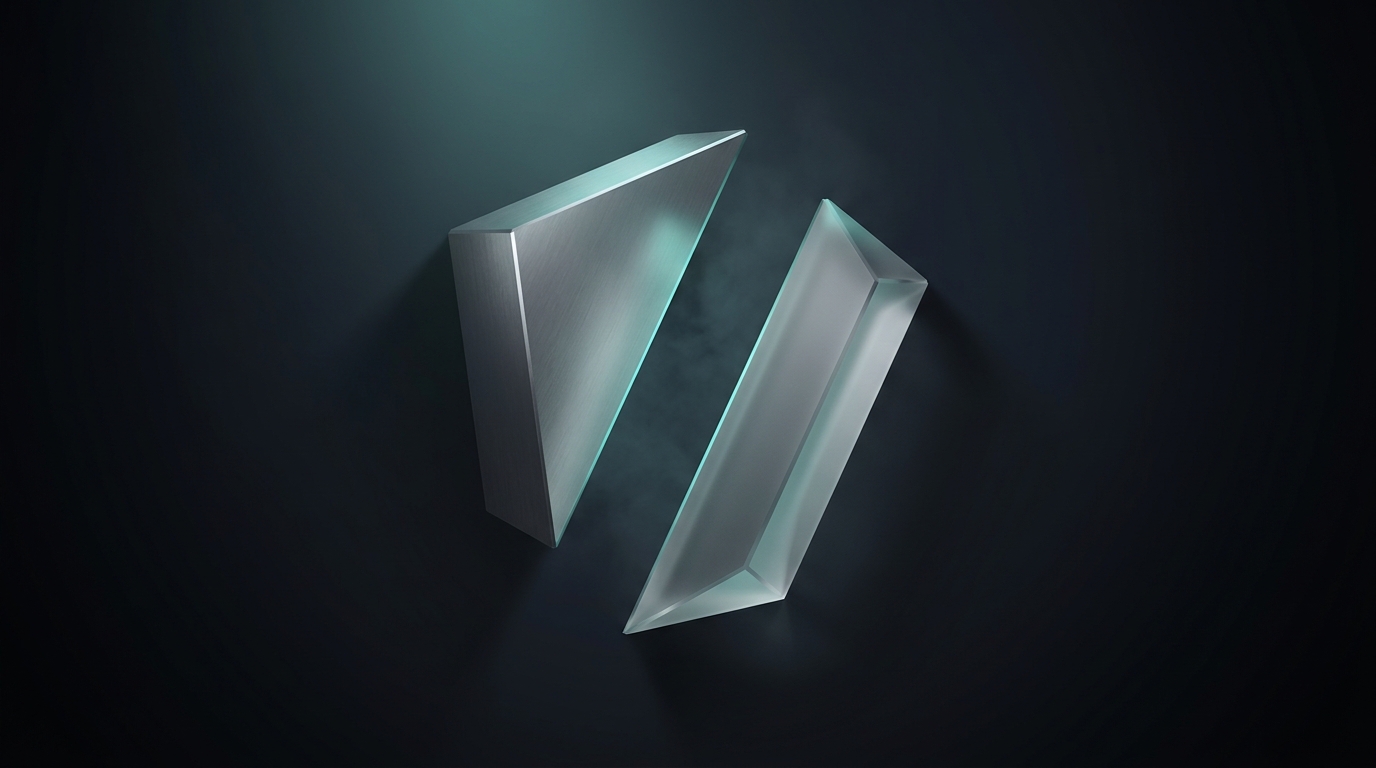 Two suspended geometric prisms side by side, one larger, one smaller, lit from the left in cool teal against a deep slate background, soft atmospheric depth
