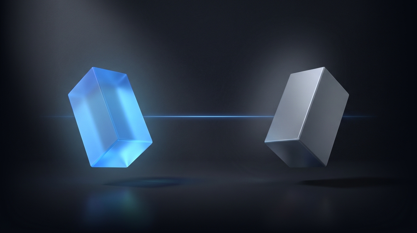 Two suspended geometric prisms facing each other, one electric blue, one gray, on a deep slate background with soft directional lighting and frosted glass surfaces.
