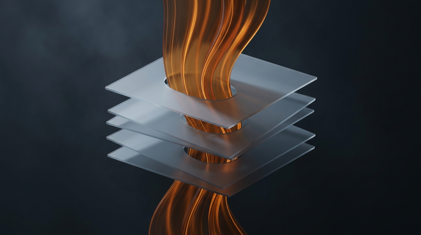 Abstract illustration of glowing amber data ribbons looping through a layered filter structure against a deep slate background, with soft directional light.