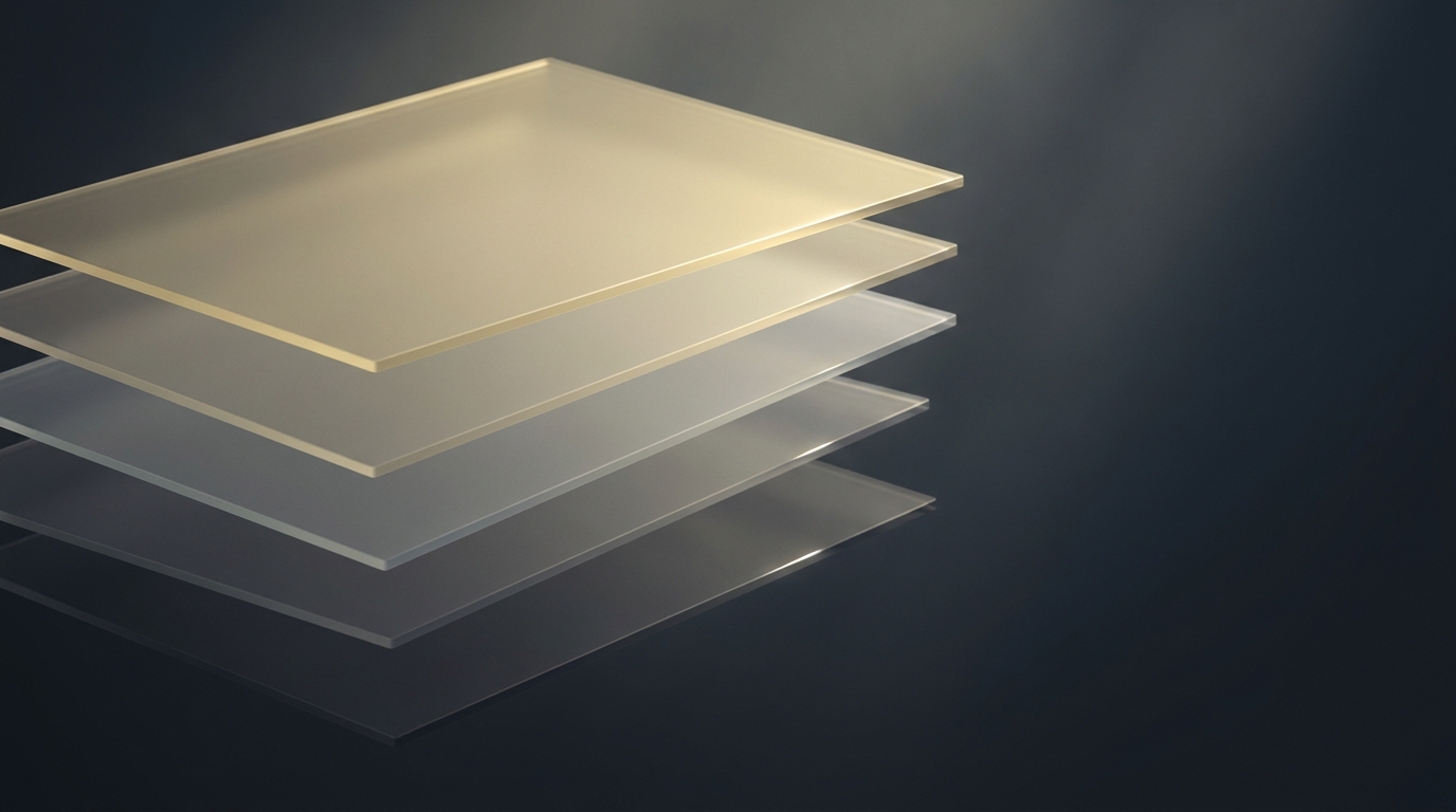 Stacked translucent geometric planes in muted gold floating against a deep slate background, lit softly from one side with gentle volumetric haze
