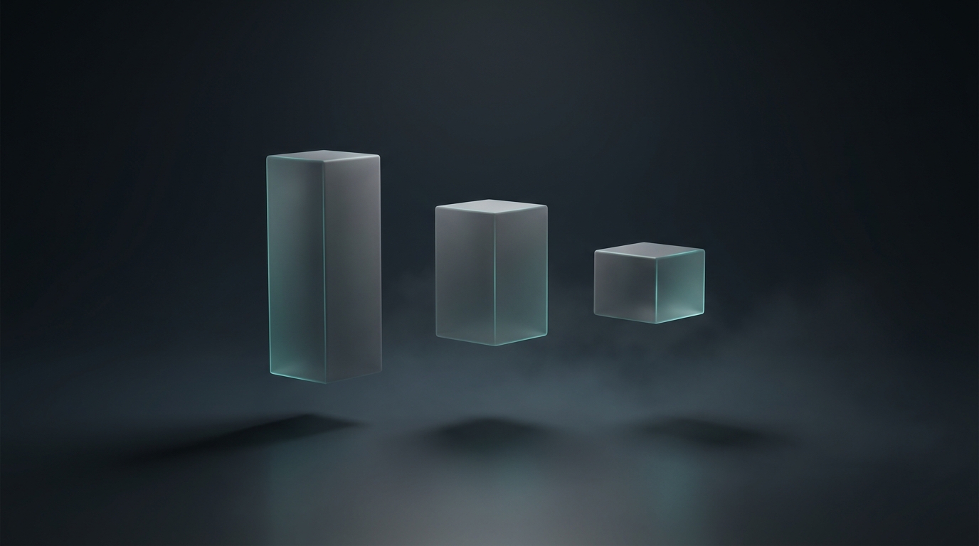 Three suspended geometric prisms of different heights arranged in a row, lit from the left in cool teal, floating above a deep slate surface with soft atmospheric depth.