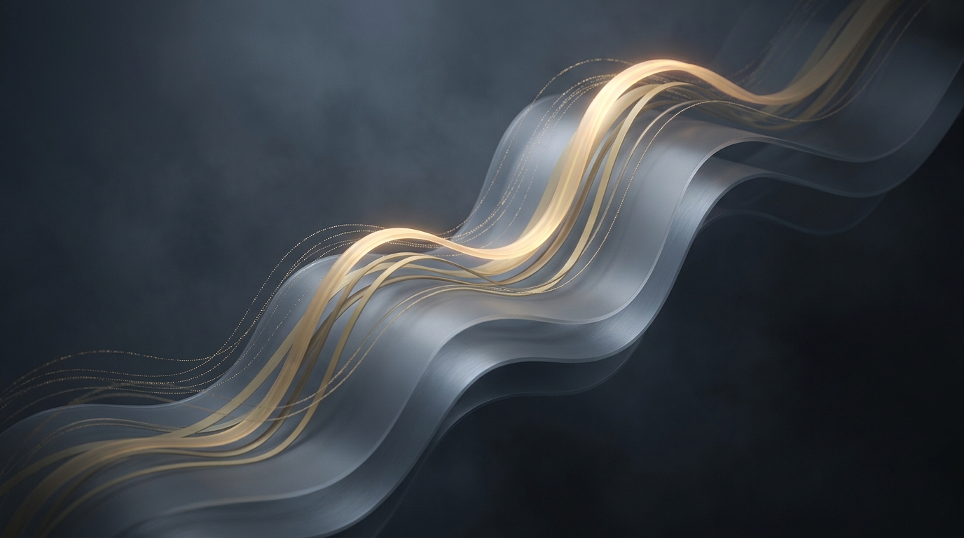 Abstract 3D illustration of flowing data ribbons in muted gold curving through geometric layers on a deep slate background, lit by a single soft directional light source.