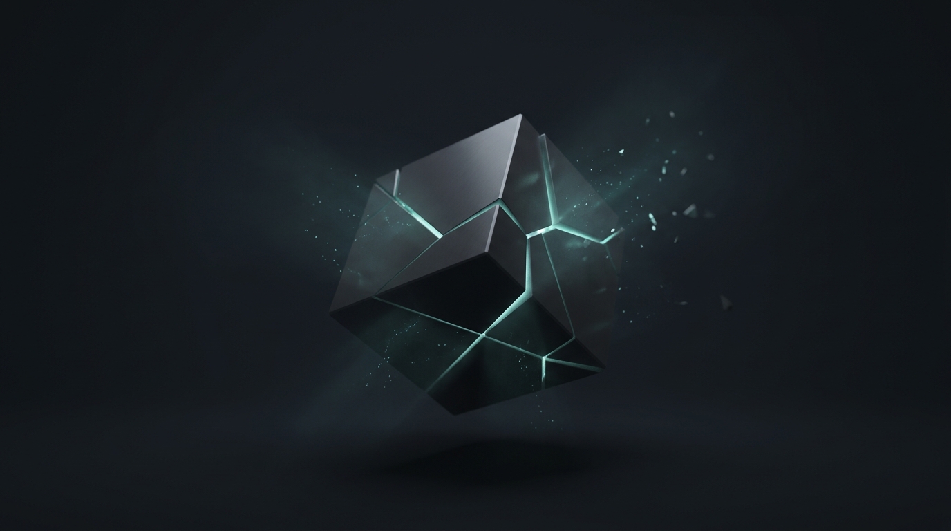 A cracked geometric prism in cool teal light against a deep slate background, splitting apart with soft particle trails dissolving from its fractured edges.