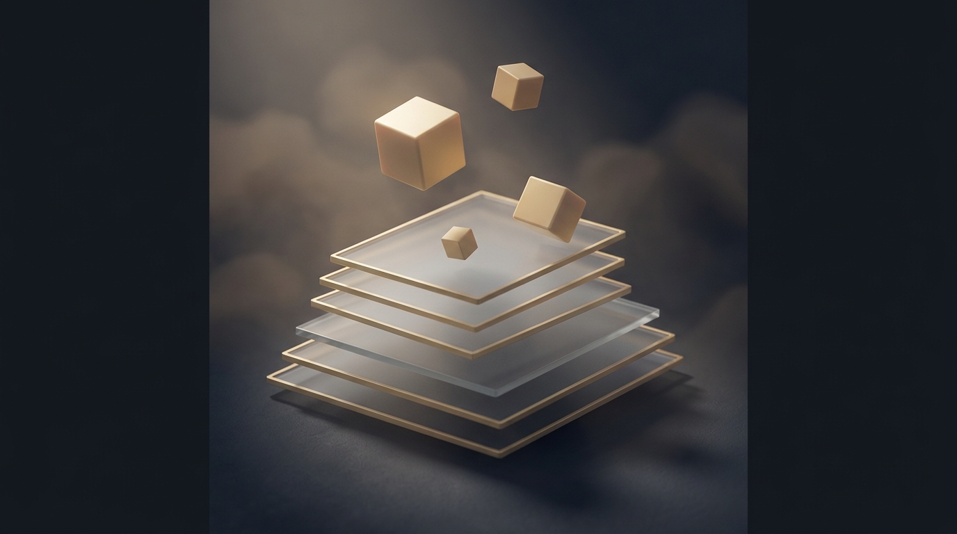 Stacked translucent geometric planes floating on a dark slate background, lit from one side in muted gold, with suspended cubic prisms casting soft directional shadows