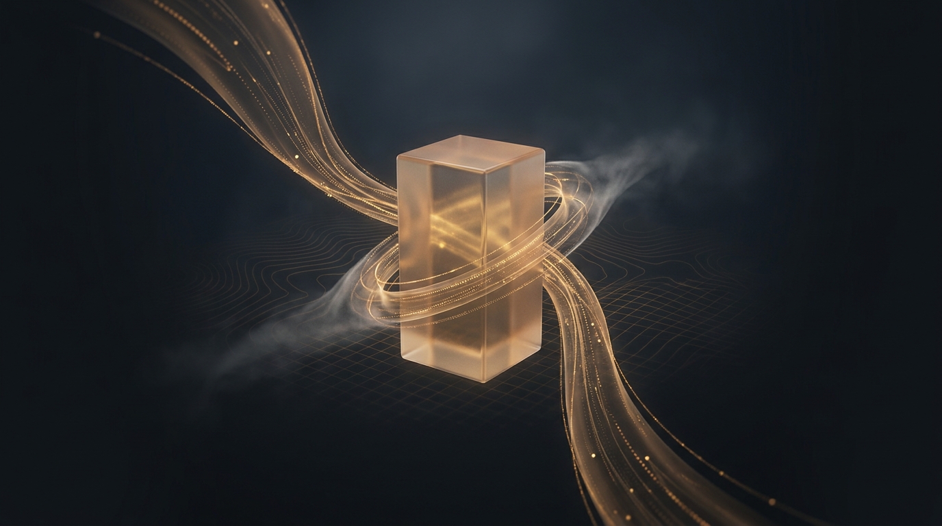 Abstract 3D illustration of flowing amber data ribbons wrapped around a suspended geometric prism on a deep slate background, with soft directional light.